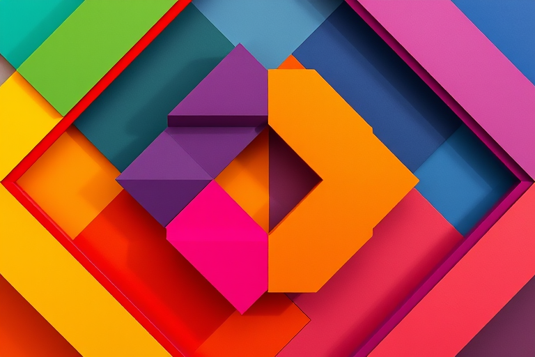 Create an abstract design featuring geometric shapes in vibrant colors, captured with a Canon EOS R5, 50mm lens, f/1.8 aperture, 1/200s shutter speed, ISO 100, shot from a top-down view with natural lighting for enhanced clarity and depth.