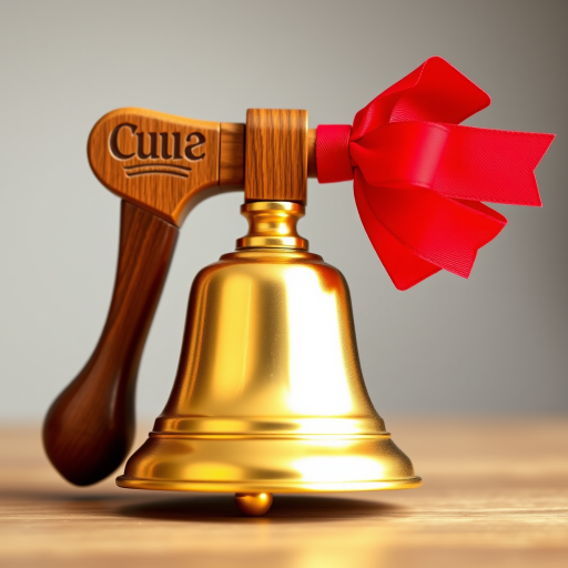 Create a high-resolution image of a golden bell with a wooden handle and a red bow, set against a soft gradient background; use a DSLR camera with a 50mm lens at f/2.8, ISO 100, and a shallow depth of field to enhance focus on the bell.