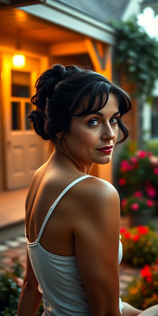 A photo of Greta Garbo with a background of a cozy porch. She has dark hair pulled back in an updo, with tendrils framing her face. She wears a white tank top and sits on the porch. The porch is part of a well-lit home with a warm, earthy tone and colorful flowers and foliage. The overall scene has a warm, welcoming, and comfortable ambiance.