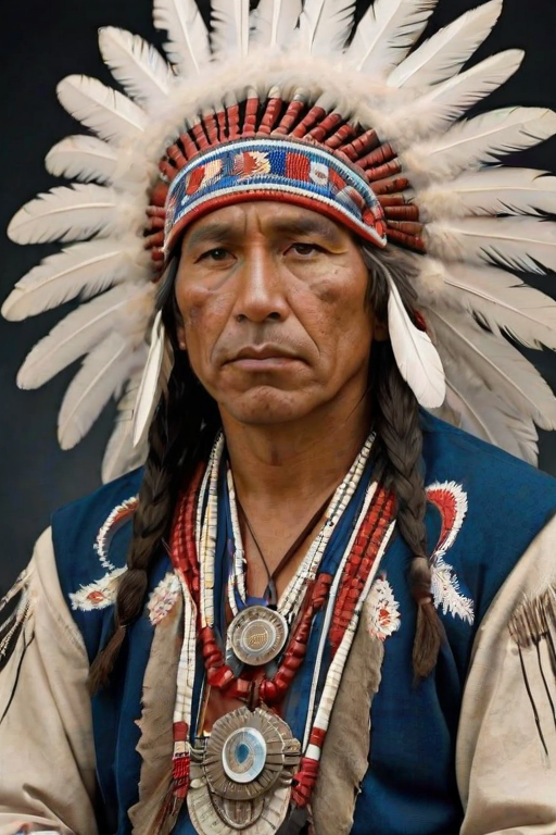 Create a dignified portrait of a Native American man dressed in traditional attire. He wears a beautifully crafted headdress adorned with white feathers and red beads, along with a beaded headband featuring intricate patterns. His clothing includes a deep blue, patterned shirt and a traditional chest piece with detailed beadwork. His arms are crossed, displaying leather armbands decorated with feathers. The background is simple and neutral, emphasizing his proud and stoic expression. The overall image captures the rich cultural heritage and strength of his persona.