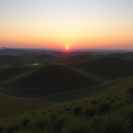 Create a high-resolution image of a serene landscape with rolling hills and a vibrant sunset, using a Canon EOS R5 camera with a 24-70mm lens, aperture set to f/8, ISO 100, and a shutter speed of 1/250 seconds, captured at a 45-degree angle to emphasize depth and perspective.