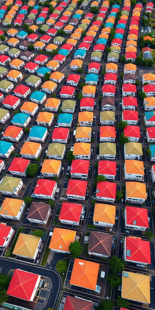 aerial shot of a vast array of identical houses with colorful roofs, high-resolution, 50mm lens, f/8 aperture, ISO 100, captured with a drone for an expansive view