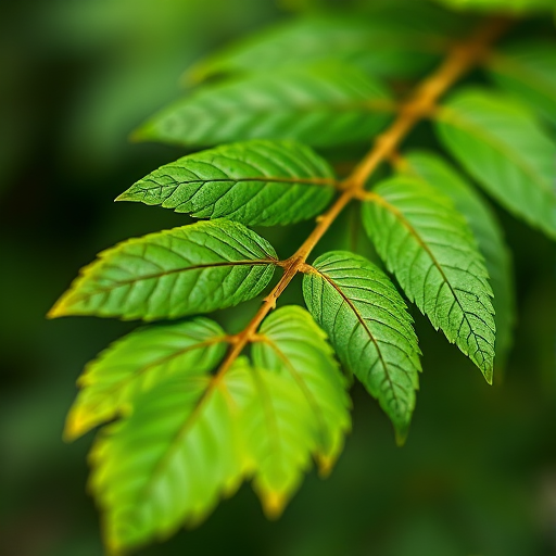 create a highly detailed illustration of a green leaf branch with vibrant colors, sharp focus, 50mm lens, f/2.8 aperture, natural lighting, macro photography style, high-resolution digital image
