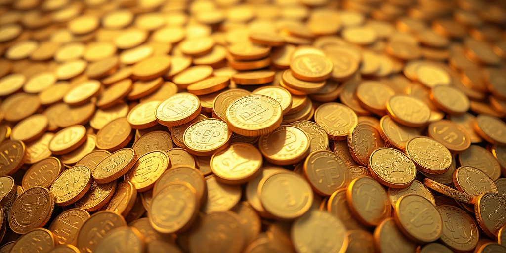 Create a high-resolution illustration of a large pile of golden coins with a soft-focus background, using a DSLR camera at f/2.8 aperture, 50mm lens, and a top-down angle to emphasize depth and texture.