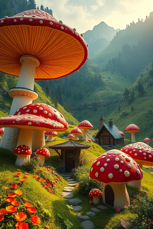 Generate a vibrant fantasy landscape featuring oversized colorful mushrooms in a lush valley, with a whimsical cottage nestled among the mushrooms, illuminated by soft golden sunlight, captured with a DSLR camera at f/2.8, ISO 100, 24mm lens, using a wide-angle view to enhance depth and vivid colors.
