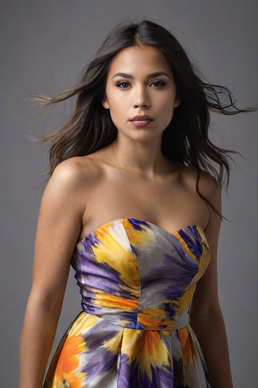 Photographic image of a beautiful young First Nations woman, blue eyes, lips with Yellow lipstick, long hair fluttering in the wind and wearing a silk strapless dress with a soft purple and orange print. monochrome image with only color highlights in the iris of the eyes, lipstick and dress. Gray background.
