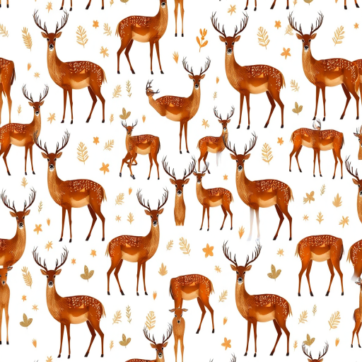 Create a seamless pattern design featuring stylized deer with varying poses and sizes on a white background, using an 85mm lens at f/8 to ensure sharpness, shot from a bird's-eye view with a digital mirrorless camera for enhanced image detail and clarity.