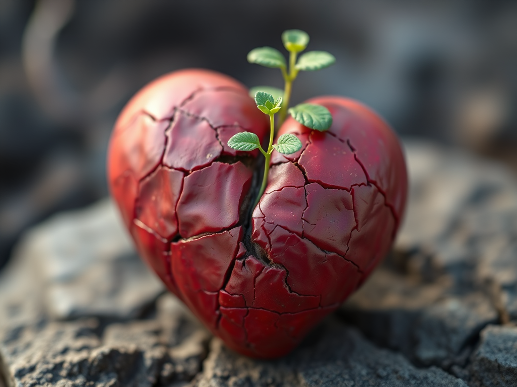 Create an image of a cracked heart with a small green plant growing from the center, using a Canon EOS R5, 50mm lens, f/2.8 aperture, ISO 100, natural lighting, focus on the heart with a blurred background to enhance depth.
