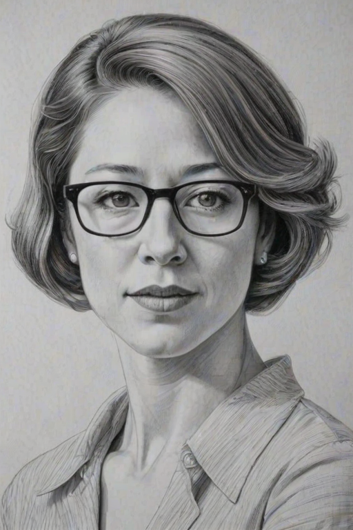Enchanting Carrie Coon, pencil sketch, portrait of Captivating woman 1963s in glasses, hair style beatnik, outline, clear lines, fine lines, 8k