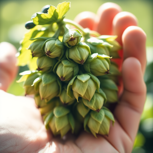 Close-up of fresh green hops in a hand, shallow depth of field, natural sunlight, f/2.8, 1/250s, ISO 100, macro lens, DSLR camera, soft bokeh background.