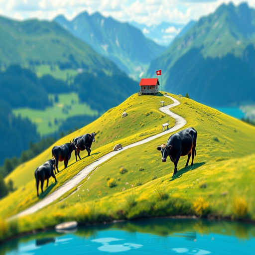 Generate a vibrant illustration of a rolling Swiss landscape featuring black cows along a winding path, with a small Swiss flag on a hilltop, a clear blue lake in the foreground, using a digital painting style, with vibrant colors and high resolution, captured in a wide-angle view with a slight depth of field for added focus.