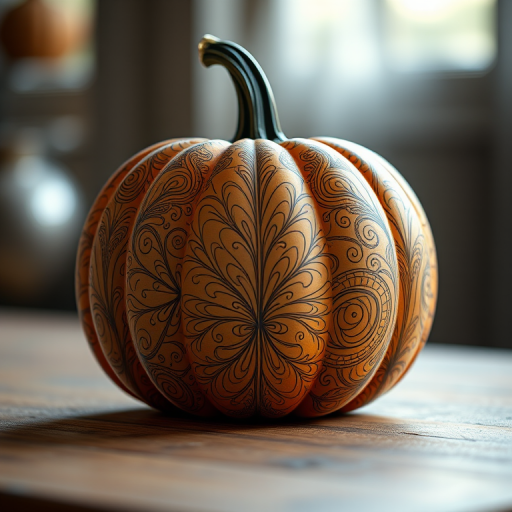 Create a highly detailed and realistic rendering of a pumpkin with intricate line work, captured using a DSLR camera at f/2.8 aperture, ISO 100, 50mm lens, in natural light from a soft diffused source with a shallow depth of field.