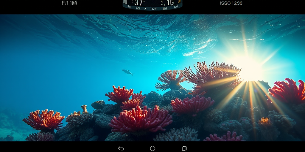 Underwater scene of a vibrant coral reef with sun rays penetrating the water, wide-angle view, f/11 aperture, ISO 100, shutter speed 1/125 sec, captured with a DSLR camera, using a polarizing filter for enhanced color saturation and clarity.