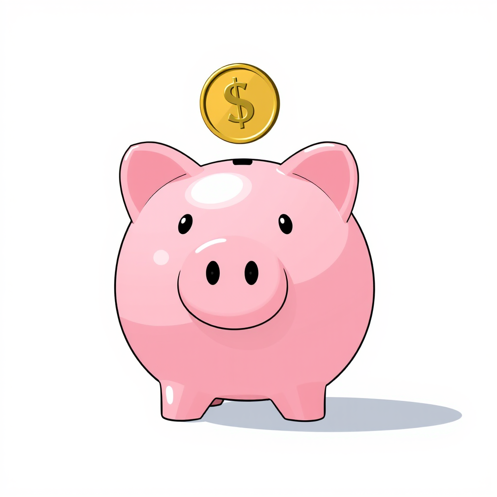 Create a high-resolution illustration of a cute pink piggy bank with a dollar coin above it, using a DSLR camera with a 50mm lens, f/1.8 aperture, ISO 100, natural lighting, and a shallow depth of field to enhance focus on the piggy bank.