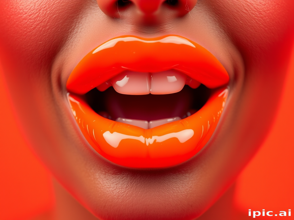 Vivid neon orange lips with high-shine gloss, exaggerated fullness and volume, statement-making brightness, energetic and playful Tangerine Glow Pop look
