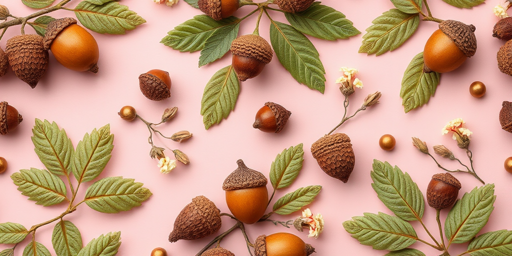 Create a seamless pattern of acorns, leaves, and floral elements on a pastel pink background, captured with a DSLR camera at 50mm, f/2.8, ISO 100, with soft natural lighting and a macro lens for detailed texture.