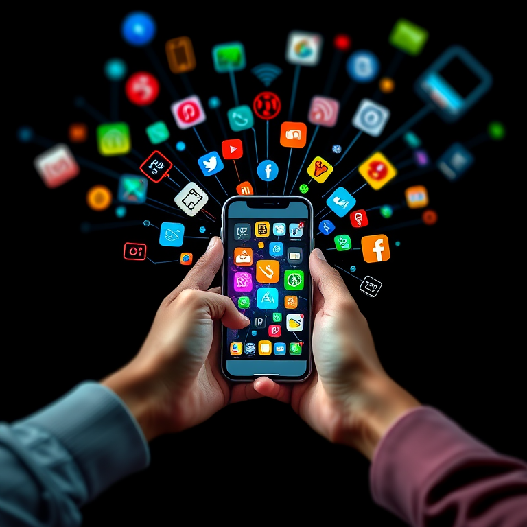 Create a vibrant image of a smartphone in two hands surrounded by colorful digital icons representing various apps and technologies, using a Canon EOS R5 camera with a 50mm lens, aperture f/1.8, ISO 100, and a slight vignette effect for depth, shot at eye level with a black background.