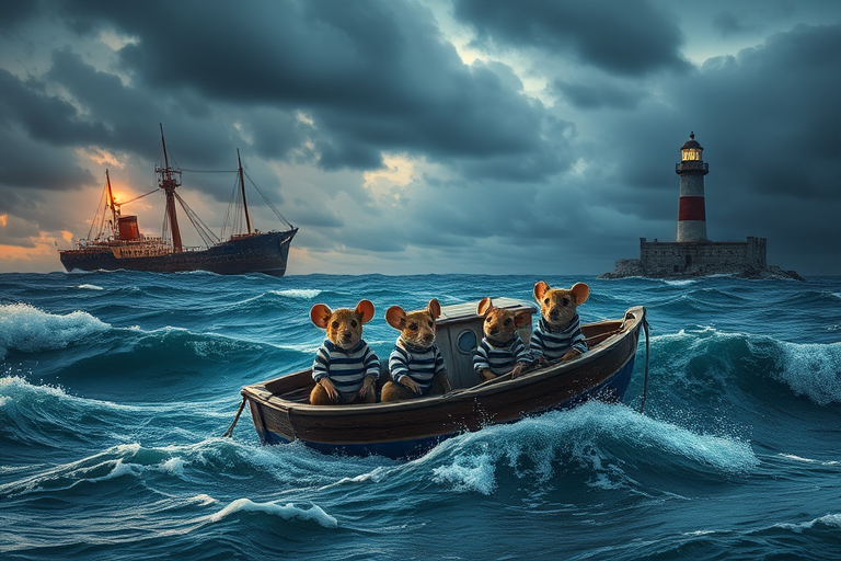 Create a detailed, high-resolution image of a stormy sea with a boat containing anthropomorphic mice wearing striped shirts, a shipwreck in the background, a lighthouse emitting light, dramatic clouds overhead, use a DSLR camera with a 50mm lens, aperture of f/2.8 for shallow depth of field, ISO 200 for clarity, and a long exposure effect to capture movement in the waves.