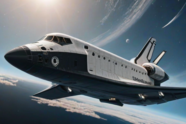 Futuristic space shuttle, large words "SIE" on the side, in landing bay. Hyper-realistic, 4K, HDR,