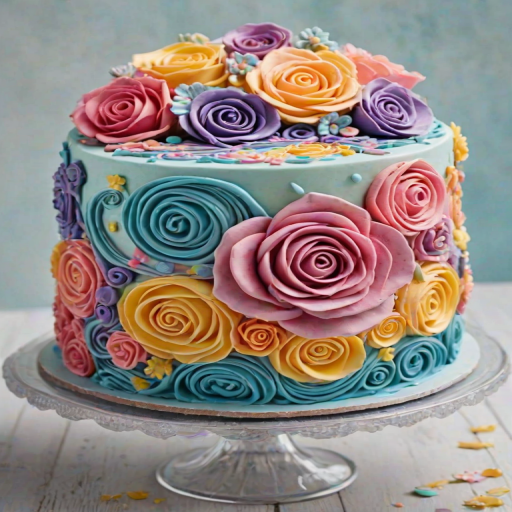 Create an image of a vibrant, multi-layered cake adorned with colorful swirls and floral decorations. The cake should feature a mix of bright pink, blue, purple, and yellow hues, with intricate designs made from frosting, including roses, stars, and spirals. The background should be a soft pastel color to enhance the cake's vividness.