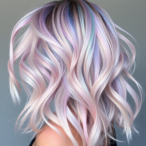 Iridescent opal hair known as "Crystal Prism," shimmers with hints of pink, blue, and green as it catches the light, styled in loose, tousled waves that create movement and showcase the multifaceted hues