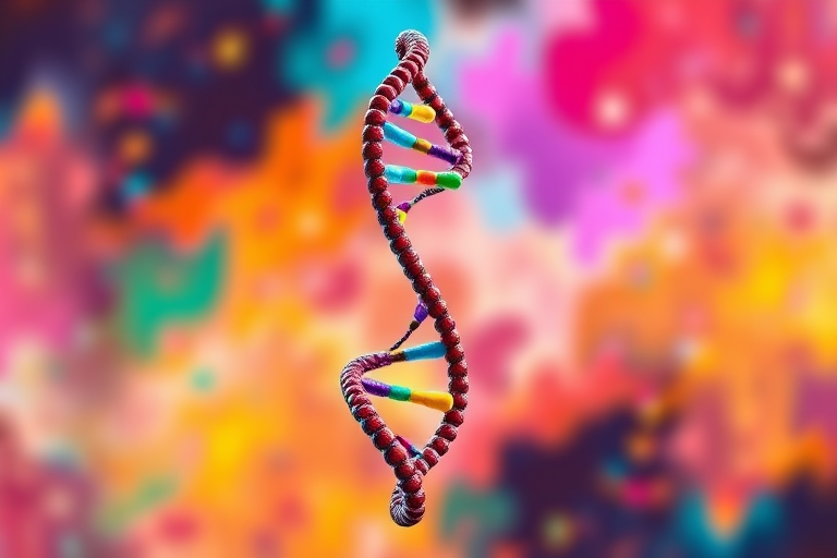 Create a 3D rendering of a colorful DNA double helix on a vibrant abstract background, using a DSLR camera with a 50mm lens, aperture f/1.8, ISO 100, at a focal length of 50mm, with soft natural lighting to enhance details and colors.