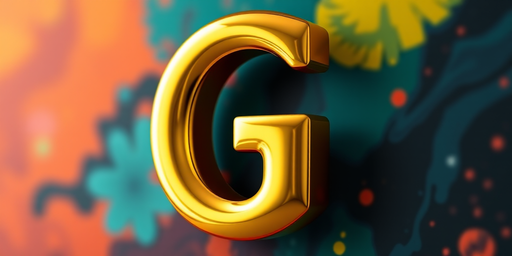 Create a 3D glossy golden letter "G" on a colorful abstract background with a depth of field effect, shot with a Canon EOS R camera at f/1.8 aperture, ISO 100, 50mm lens, with soft natural lighting.