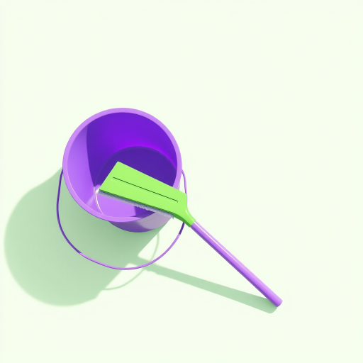 A purple bucket with a long handle and a green squeegee on a light green surface, shot with a DSLR camera at 50mm, f/2.8, ISO 100, natural lighting, overhead view, high-resolution illustration style.