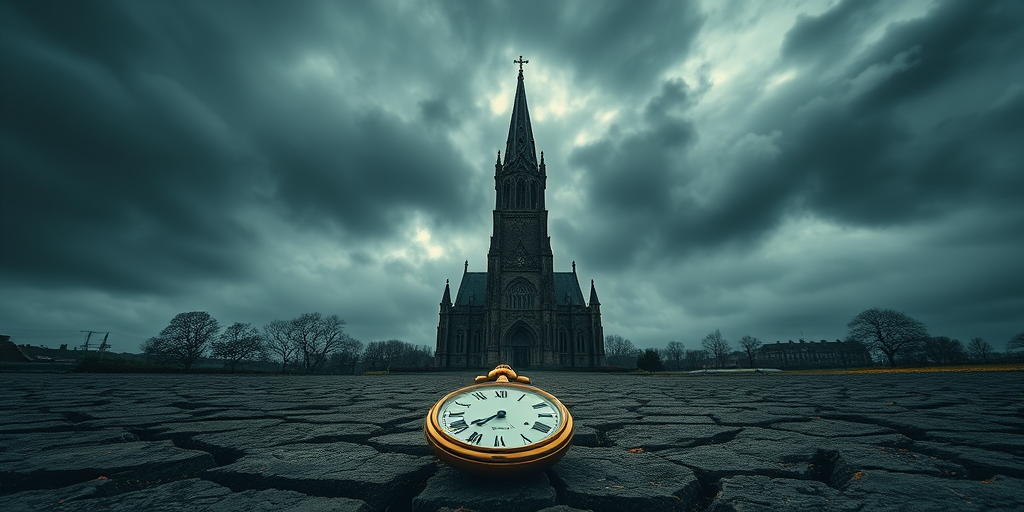 A dramatic gothic landscape featuring a towering cathedral shrouded in ominous clouds above a cracked earth foreground with a vintage pocket watch, captured with a Canon EOS R5 using a 24-70mm f/2.8 lens at ISO 100, aperture f/8, and a shutter speed of 1/200 sec, in a wide-angle view for enhanced depth and detail.