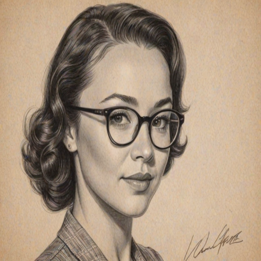 Magnificent Danielle Harris, pencil sketch, portrait of Resplendent woman 1940s in glasses, hair style beatnik, outline, clear lines, fine lines, 8k