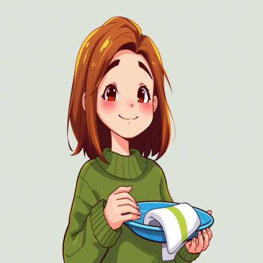 Generate an illustration of a young person with brown hair wearing a green sweater holding a blue plate and a towel, ensure the character has a content expression, use a digital art style, with a focus on vibrant colors and clear lines, set the camera to 50mm, aperture f/2.8, ISO 200, in a soft light setup for enhanced image quality.