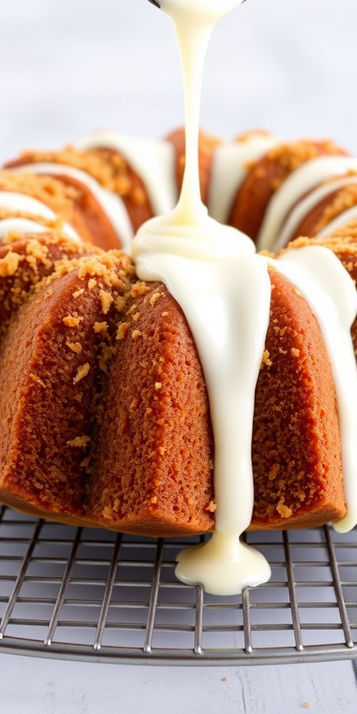 A delicious bundt cake with a golden-brown crust and a crumbly topping is placed on a cooling rack. Creamy white icing is being drizzled over the top, creating a glossy finish. The background is softly blurred to emphasize the cake.