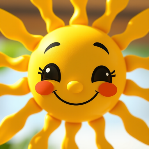 Create a vibrant and cheerful cartoon sun with a smiling face and bright yellow color, using a 50mm lens, f/2.8 aperture, ISO 100, natural lighting, and a macro view to enhance the details of the facial features.