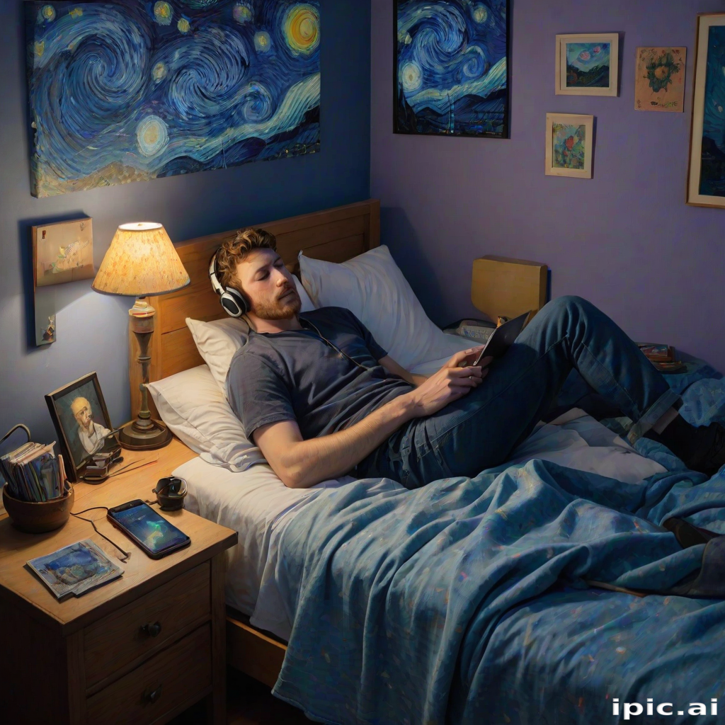 A top-down Van Gogh-style painting of a young man lying on his bed, listening to music with headphones. The room is softly lit with deep blues and purples, creating a peaceful nighttime atmosphere. The bed has a soft pillow, and the man's arms are resting behind his head. Around the bed, various glowing gadgets such as a smartphone, a laptop, and a small lamp are visible, casting a gentle light. The rest of the bedroom includes a desk with books, a chair, and a small rug on the floor. A window near the bed reveals a starry night sky with swirling stars, reminiscent of Van Gogh's 'Starry Night.' On the desk, there is a sketchbook with colorful drawings, a cup of coffee steaming gently, and a small potted plant. The walls have posters of famous paintings and a corkboard with pinned notes and photos. The scene is full of dynamic, swirling brushstrokes, capturing the essence of Van Gogh's unique style. The overall mood is serene and contemplative, with a touch of artistic inspiration.