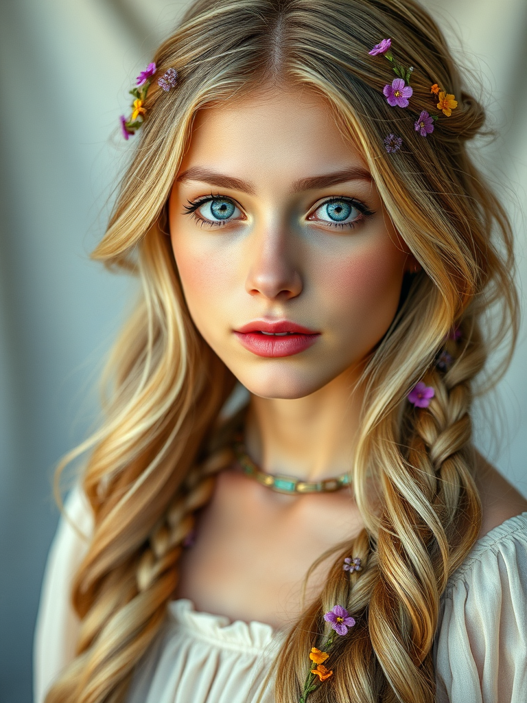 Create an image of a young Turkish woman with long, wavy blonde hair, adorned with small, colorful flowers woven into her braids and loose strands. Her complexion is fair, with soft, glowing skin, and she has light blue eyes that gaze softly at the viewer. She wears a light, flowing dress with a gentle, ethereal quality, complementing her delicate and serene appearance. The background is slightly blurred, drawing focus to her tranquil expression and the intricate details of the flowers in her hair. The overall mood of the image is one of natural beauty and grace, evoking a sense of peacefulness and connection with nature.