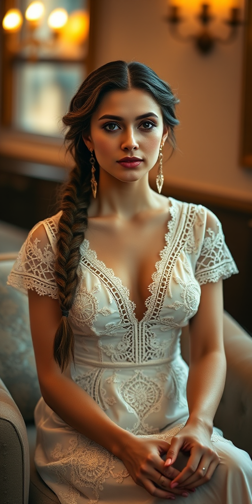 Create a portrait of a refined and elegant Turkish woman seated in a sophisticated setting. She has long, wavy hair styled in two thick braids that are pulled over her shoulders. She wears a white, lace gown with intricate patterns, featuring a deep V-neckline and short sleeves. The dress exudes a vintage charm with its delicate lacework. She is adorned with ornate, dangling earrings that add a touch of glamour to her appearance. The background is softly lit, with warm, ambient lighting that creates a cozy and inviting atmosphere. Her expression is poised and serene, capturing a sense of grace and elegance.
