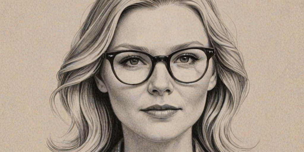 Dazzling Kirsten Dunst, pencil sketch, portrait of Charming woman 1942s in glasses, hair style beatnik, outline, clear lines, fine lines, 8k