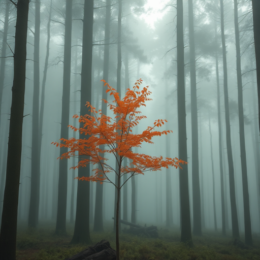 misty forest with tall trees and a single tree with orange leaves in focus, soft natural lighting, shot with a DSLR camera, 50mm lens, aperture f/1.8, ISO 100, shallow depth of field, landscape orientation