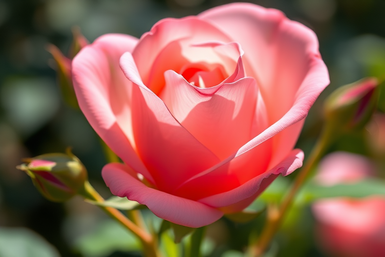 Close-up shot of a blooming pink rose with buds in the background, captured with a Canon EOS R5, 100mm f/2.8 macro lens, aperture set to f/2.8, ISO 100, natural sunlight for vibrant color and sharp detail.