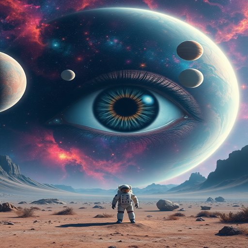 Create a surreal image of a cosmic scene featuring a giant eye in the center with vibrant galaxies and planets in the background, include an astronaut standing in a desolate landscape, use a wide-angle lens at f/2.8, capture in high dynamic range with a DSLR camera, set the ISO to 100 for sharp details and rich colors, and use a landscape orientation for depth.