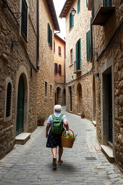 Old cobblestone street in an Italian village, with narrow alleys winding between stone houses and a woman carrying a basket of fresh produce from the market.