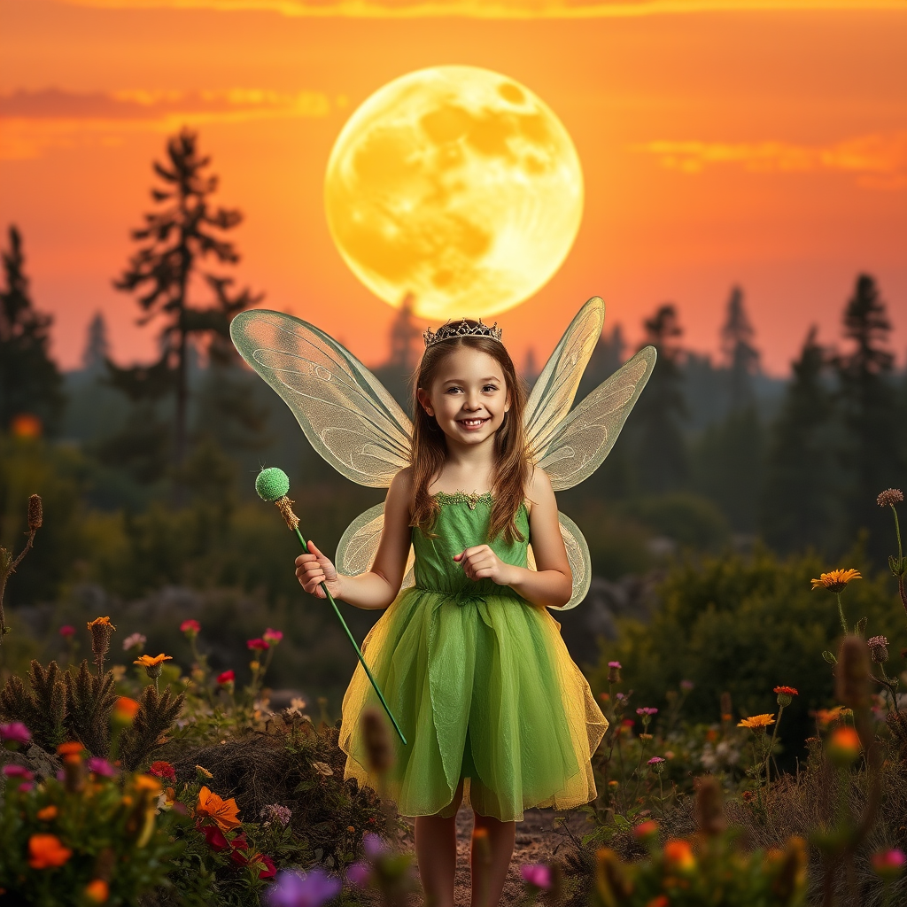 A vivid photo  taken under a bright camera flash of a fantastical scene set against a backdrop of a forest during sunset. The main subject is a girl dressed as a fairy, adorned with translucent wings and a green dress, holding a wand, her face is happy, and she wears a crown on her head. The forest behind her is a blend of flowers, shrubs and trees. The sky is painted in hues of orange and pink, with a large, glowing moon casting a warm glow over the scene. The overall color palette is dominated by earthy tones.