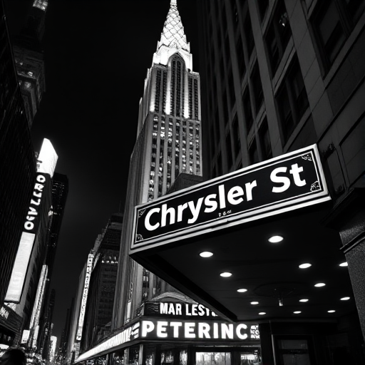 Capture a black and white photograph of the Chrysler Building viewed from street level, focusing on the signage for East 40th St, using a DSLR camera with a 50mm lens, aperture set to f/8 for sharpness, ISO 100 for clarity, and a shutter speed of 1/250s to freeze motion.
