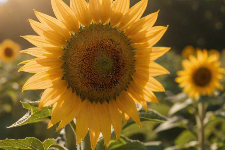 Sharp, close-up photo of a bee perched on a sunflower, pollen clinging to its legs, soft sunlight reflecting off the petals, a field of sunflowers stretching into the distance, the faint buzz of bees filling the air, a sense of summer warmth.