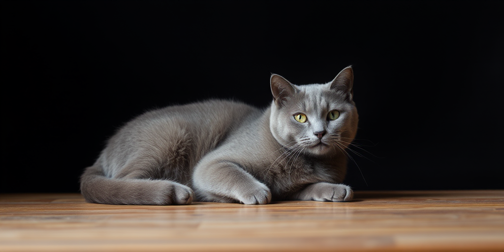 photograph a gray cat resting on a wooden surface against a dark background, use a 50mm lens, aperture f/1.8, shutter speed 1/200s, ISO 200, soft studio lighting, depth of field focus on the cat, taken with a DSLR camera