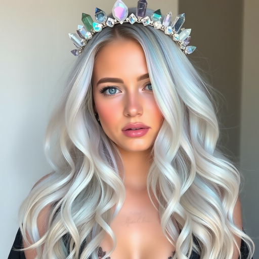 Ethereal opal hair featuring a blend of iridescent pastel hues that shift and change in different lighting, styled in loose waves with a crown of delicate crystals, embodying otherworldly beauty named Prismatic Aura