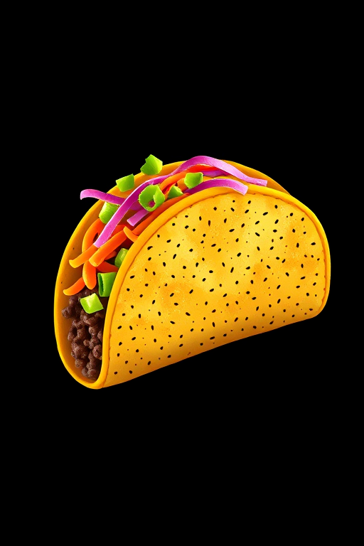 Create an illustration of a taco with vibrant colors against a black background, using a 50mm lens, f/2.8 aperture, 1/200s shutter speed, and a DSLR camera for sharp detail and rich color contrast.