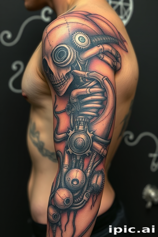 Biomechanical tattoo style known as "Cyborg Evolution" merging organic forms with mechanical components to create the illusion of exposed robotic parts beneath the skin