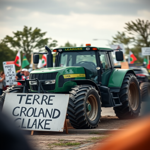 Create an image of a tractor in a protest setting, capturing a clear view of the tractor and its sign, shot with a DSLR camera at f/8 aperture, 1/250 sec shutter speed, ISO 100, and a focal length of 50mm, with a slight depth of field to focus on the tractor while softly blurring the background.