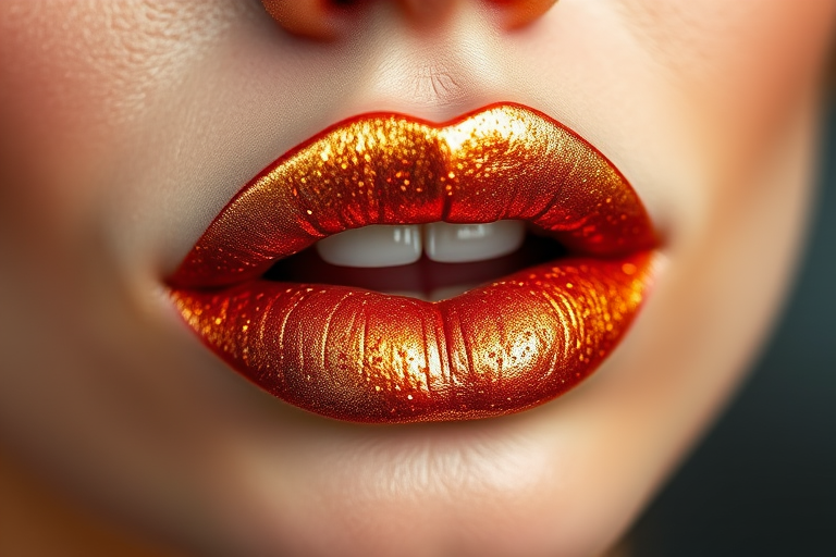 Glittery copper "Sunburst Spark" lip powder with a metallic finish, transforming into a smooth, molten metal look when applied to the lips